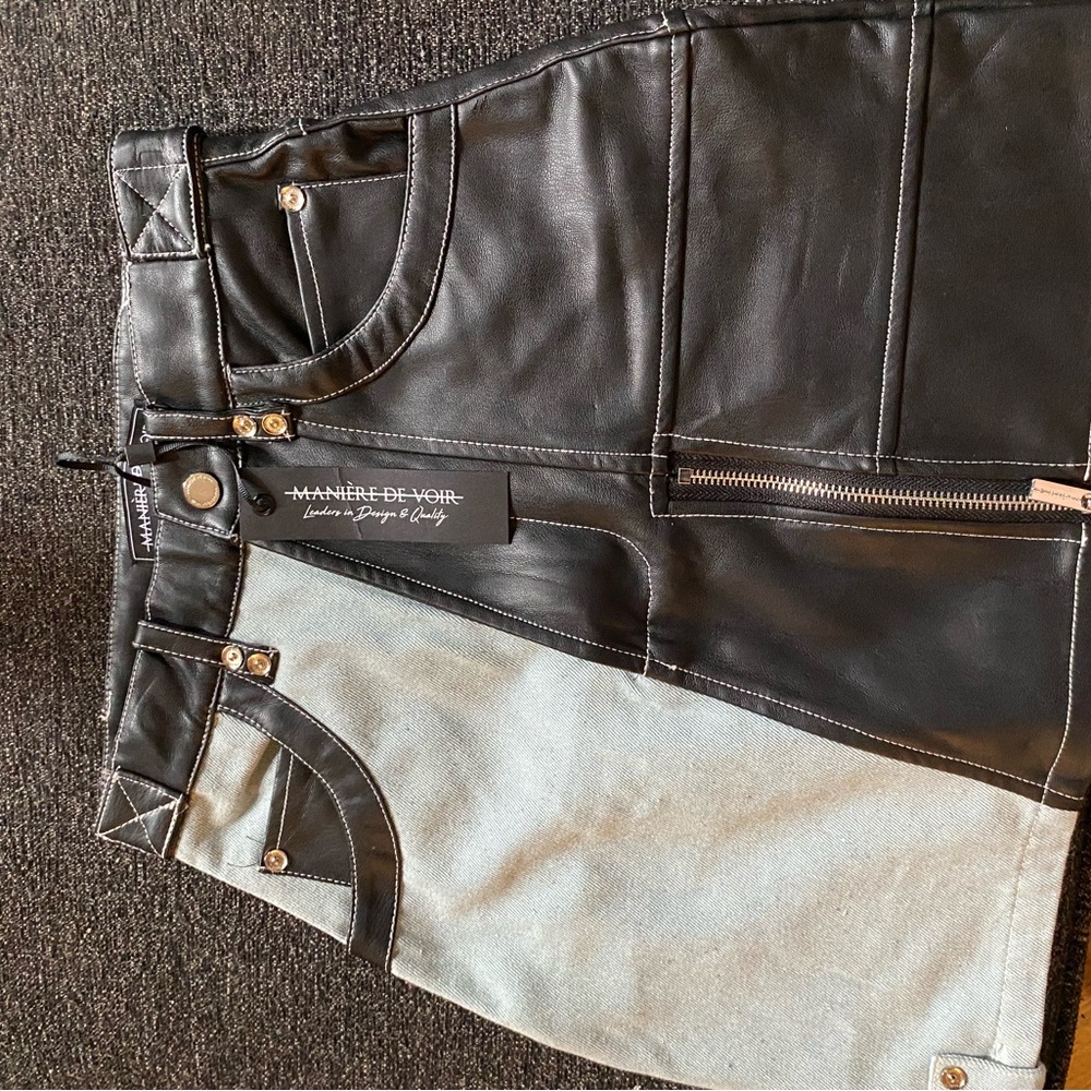 MAINTENIR DE VOIR Women’s Black Leather-Panel Jeans Skirt Size 6 Denim & Black
